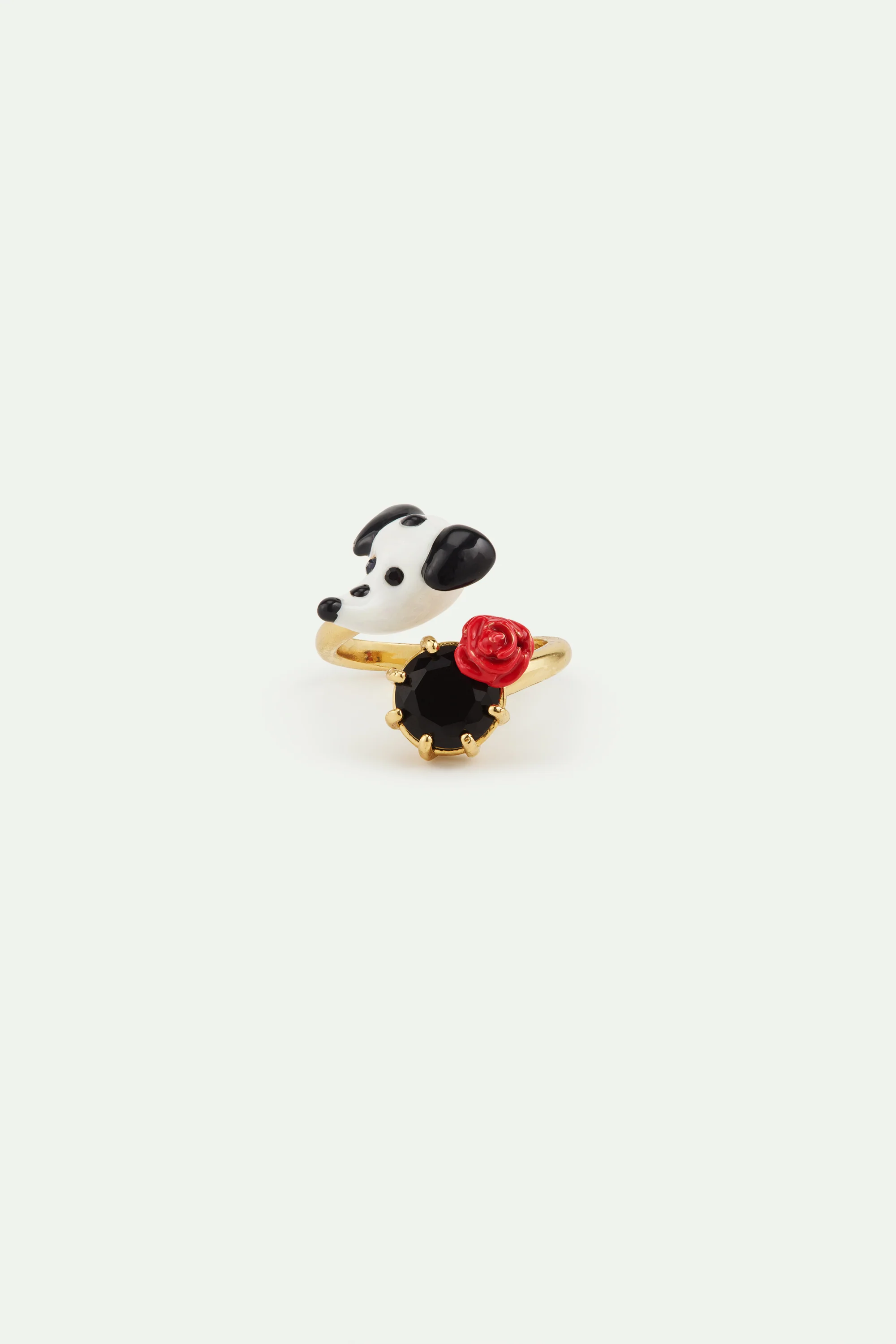 Bague ajustable dalmatien, pierre ronde facettée noire et rose rouge - Image 3
