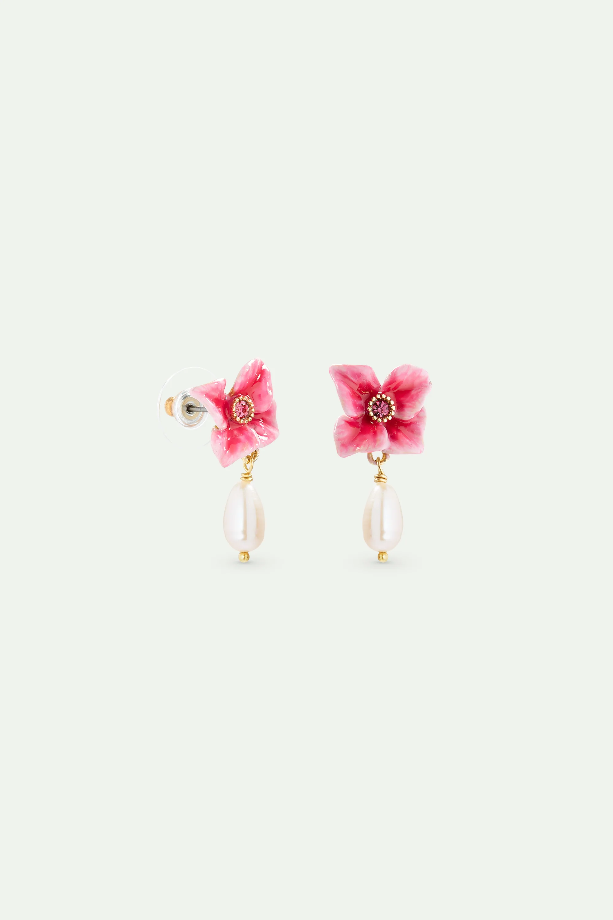 Boucles d'oreilles fleur d'hortensia rose et perle de culture - Image 3