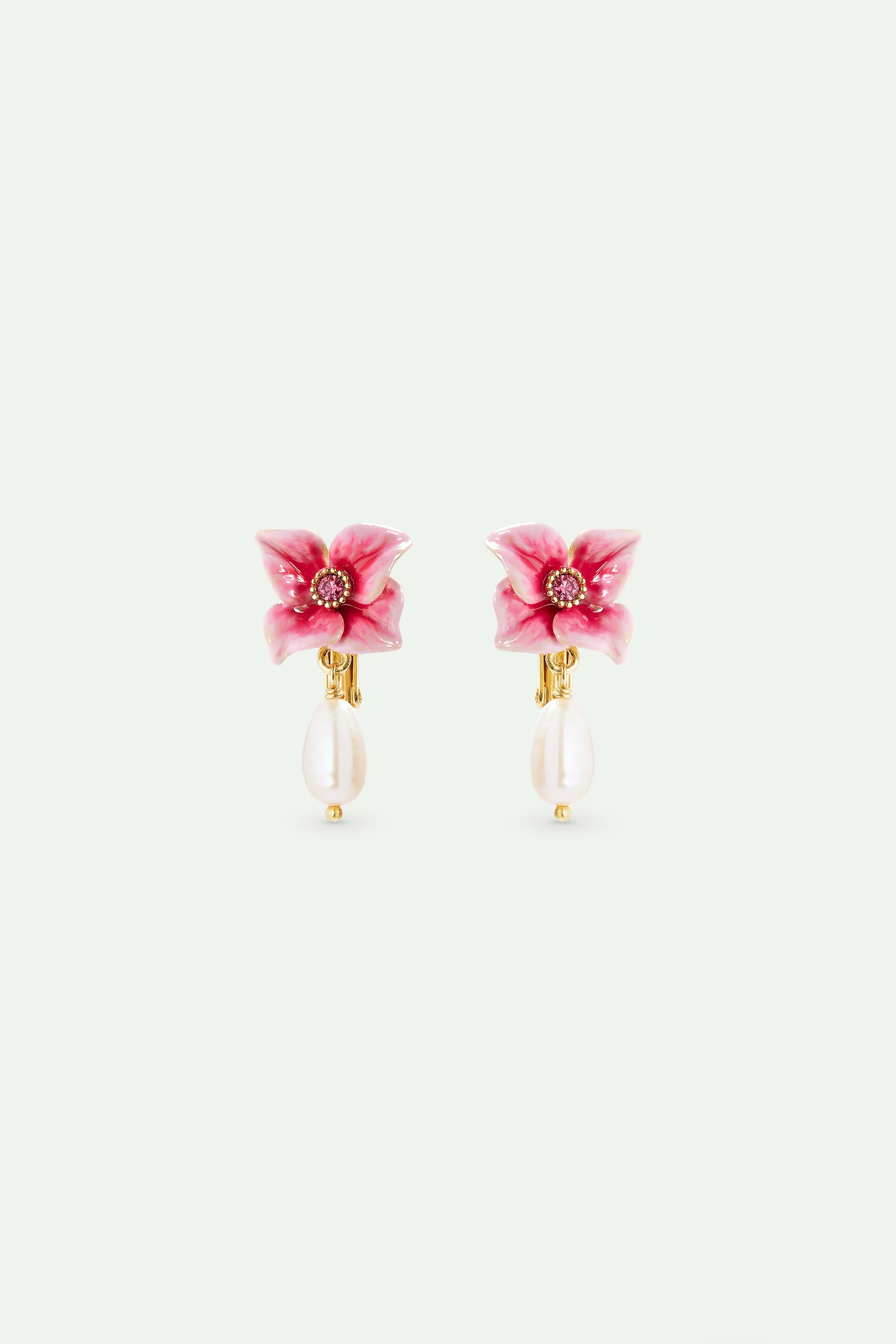 Boucles d'oreilles fleur d'hortensia rose et perle de culture - Image 4