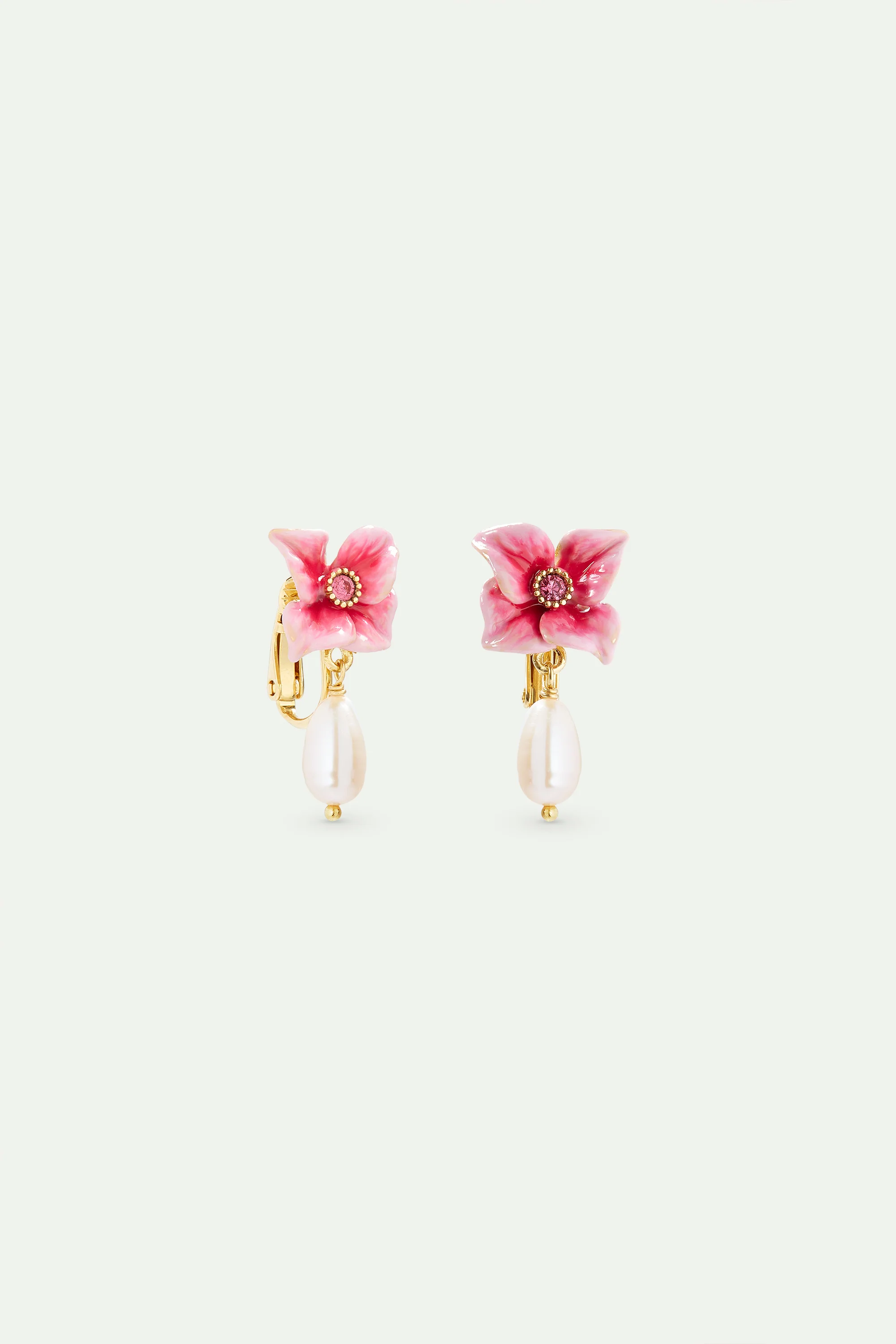Boucles d'oreilles fleur d'hortensia rose et perle de culture - Image 5