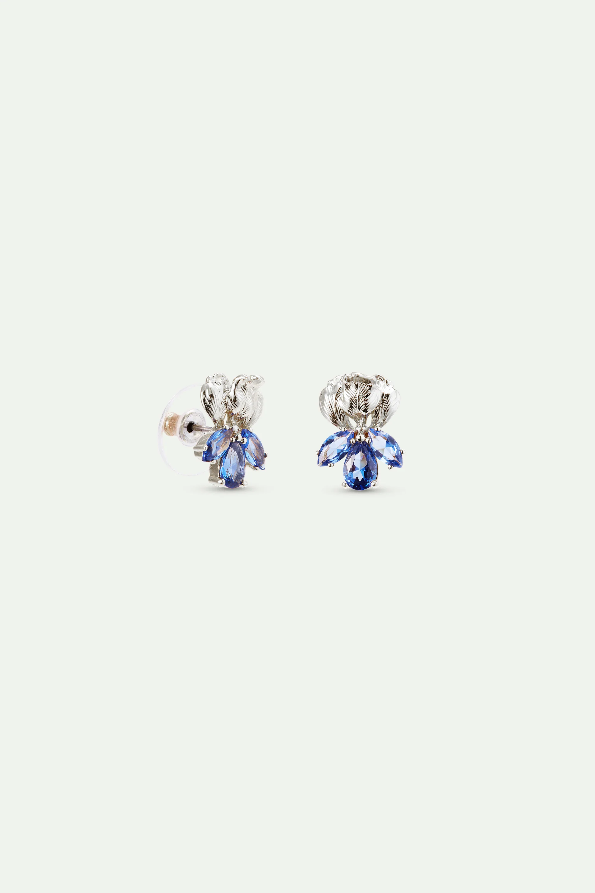 Boucles d'oreilles tiges argentées iris et pierres bleues - Image 3