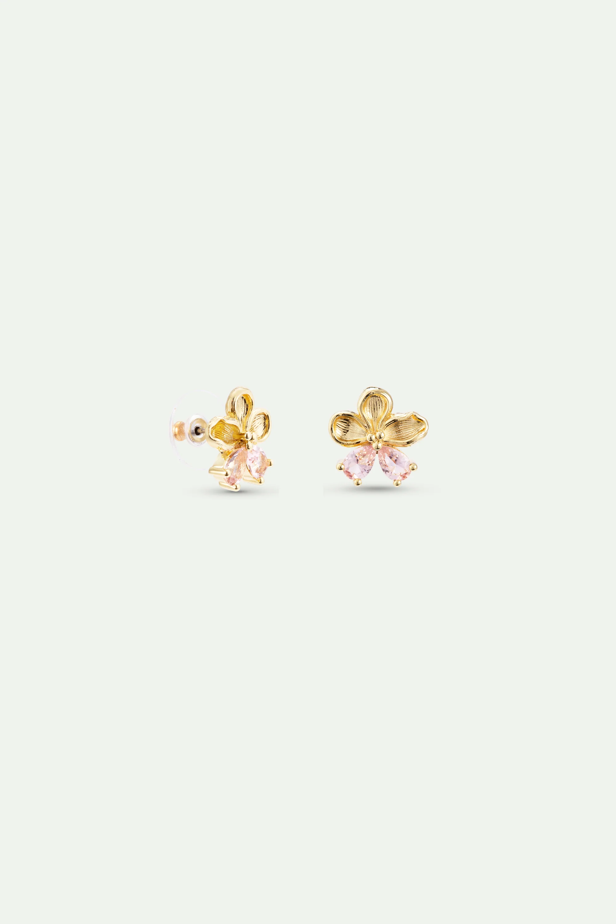 Boucles d'oreilles tiges dorées fleur de cerisier et pierres roses - Image 3