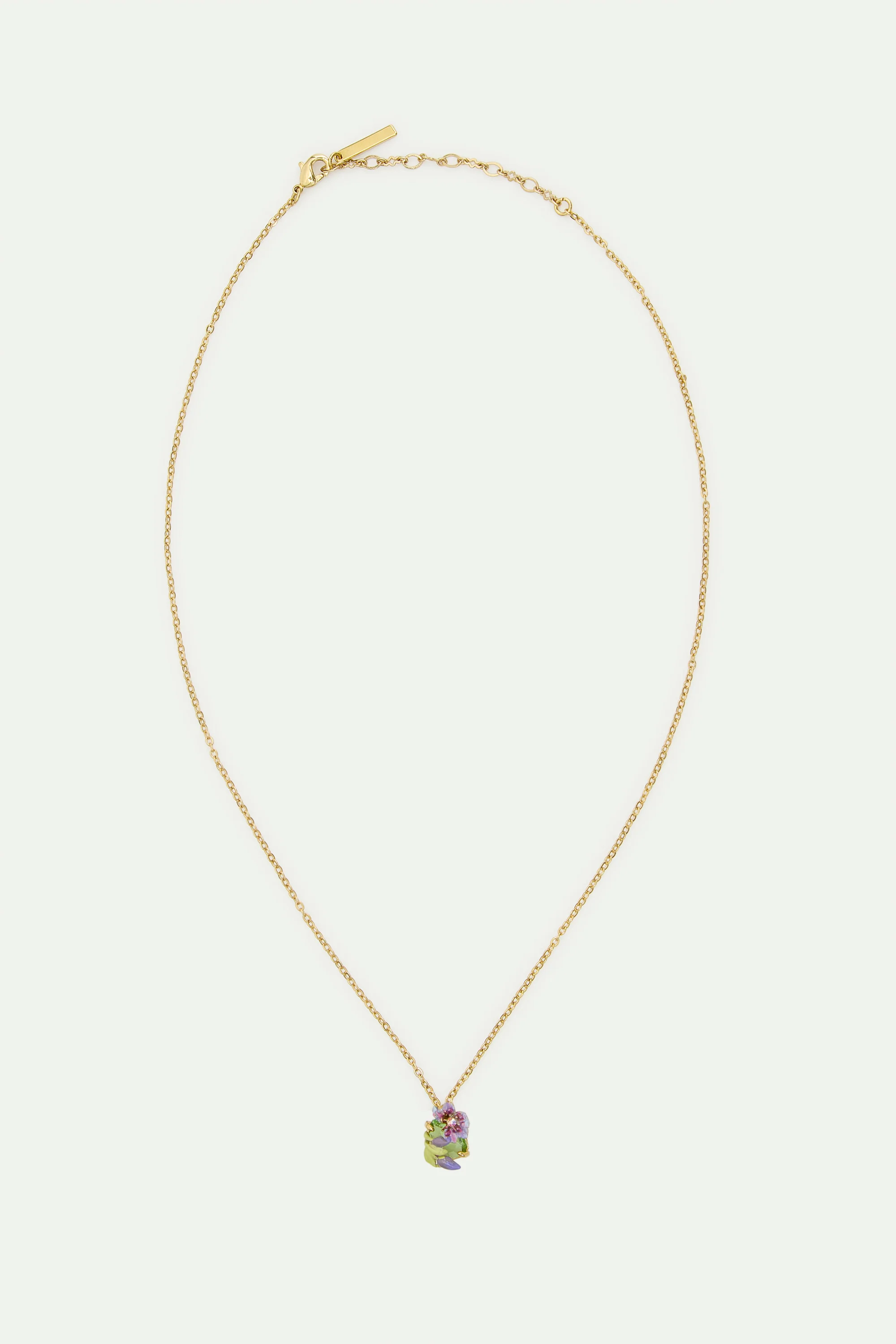 Colier pendentif clématite violette, cristal taille émeraude vert et glycine violette - Image 3